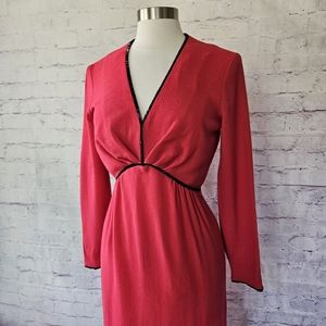 Vintage Harold Levine Boutique Pink Wool Long Sleeve Shift Dress Black Beads